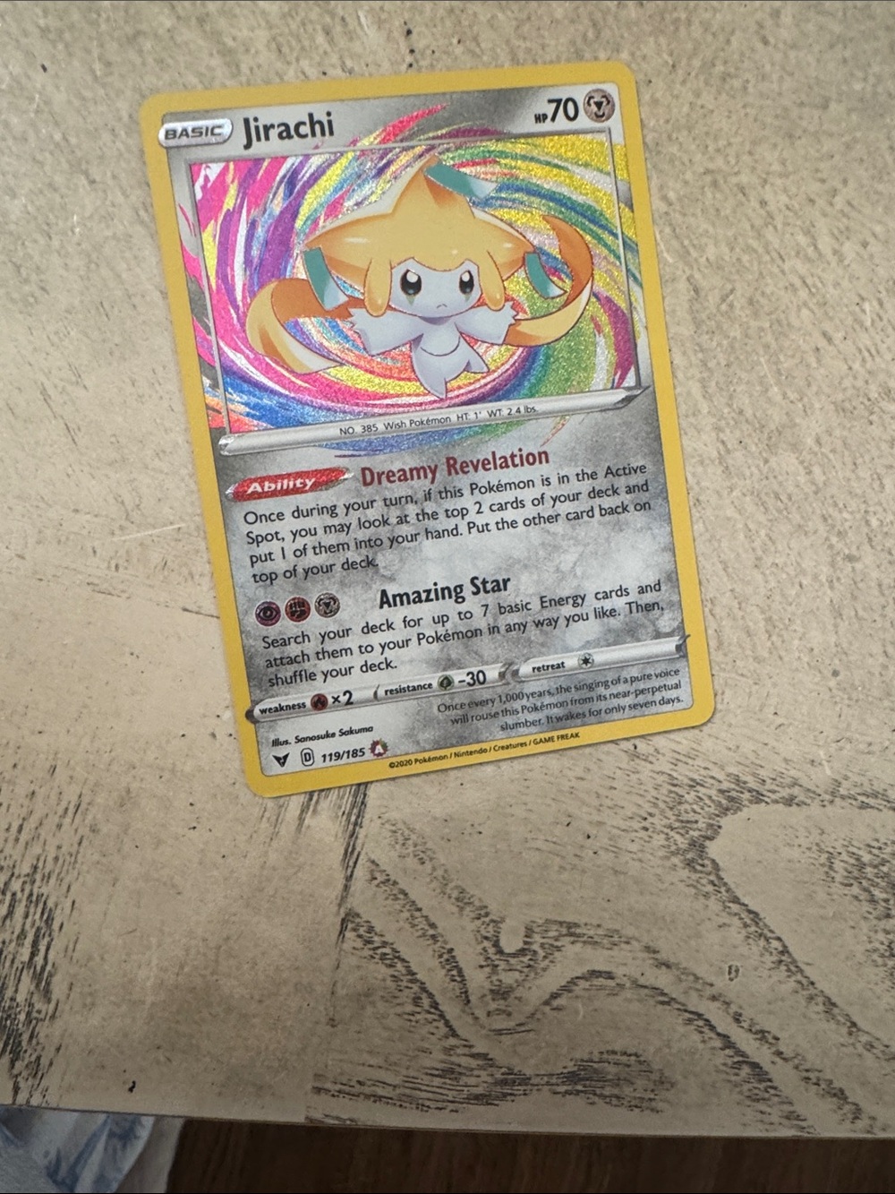 Pokemon Jirachi Holo Card - Yellow Border with Multicolor Holographic Swirl